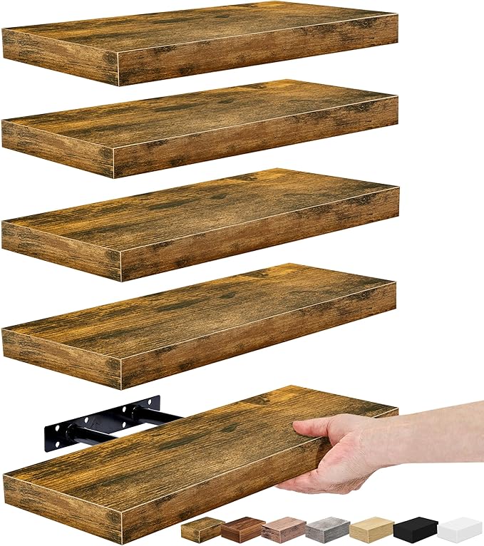 Sorbus Floating Shelves for Wall, Bathroom Shelves Wall Mounted for Kitchen, Bedroom, Living Room, Bathroom Storage, Over Toilet, Hanging Book Shelf for Wall Home Decor (Rustic Brown, 5 Pack)