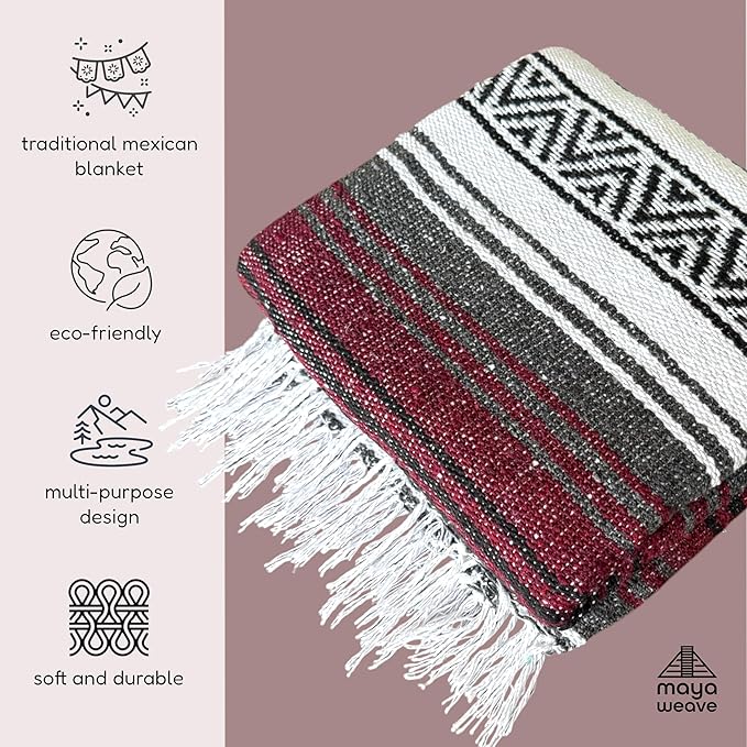 Traditional Handwoven Mexican Blanket, Large Falsa Serape - Soft & Durable - Vibrant Beach, Picnic, Yoga & Camping Mat - Lightweight Boho Throw 70"x50" (Rust)