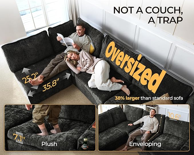 Oversized Modular Sofa Comfy Cloud Couch with Storage, Extra Deep Plush Sectional Sofa Set for Living Room, Covers Washable, Chenille, Olar (Black, 6-Seater with 3 Ottomans, Sleeper)