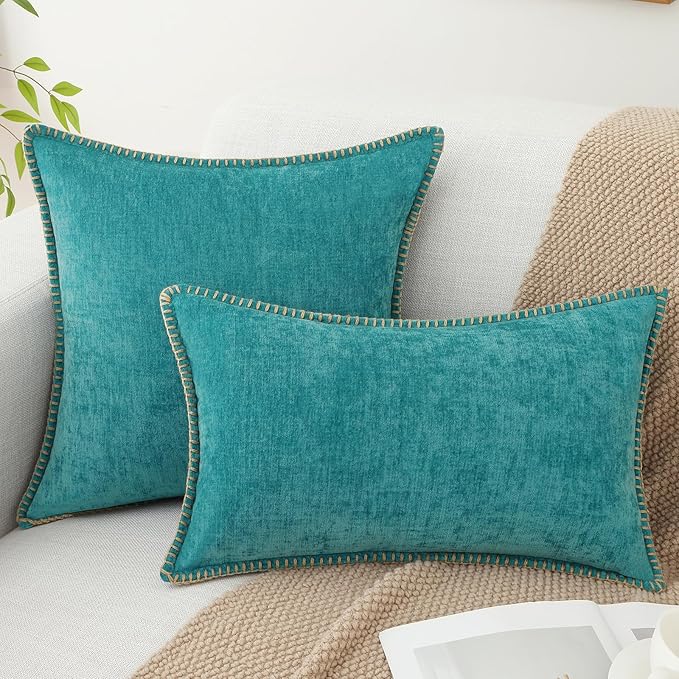 decorUhome Chenille Soft Throw Pillow Covers 18x18 Set of 2, Farmhouse Velvet Neutral Decorative Euro Pillow Covers with Stitched Edge for Couch Sofa Bed Home Decor, Turquoise