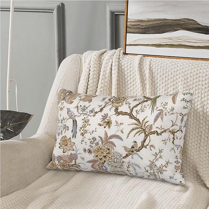 Spring Floral Birds Pillow Covers 12 x 20 Inch Set of 2 for Chinoiserie Flowers Decor Throw Pillows Brown and White Plant Outdoor Decorative Cushion Cases for Couch Bed Decorations