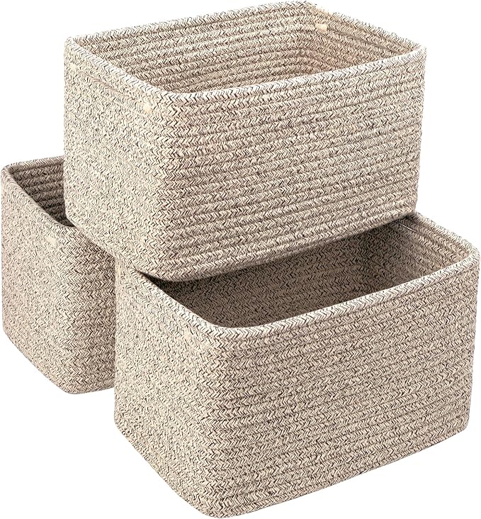 Small Cotton Rope Storage Basket Set of 3-11"x7"x7" Perfect Woven Baskets for Storage, Ideal Storage Baskets for Organizing Toys, Towels, and More - Baskets for Shelves and Home Decor(Beige)