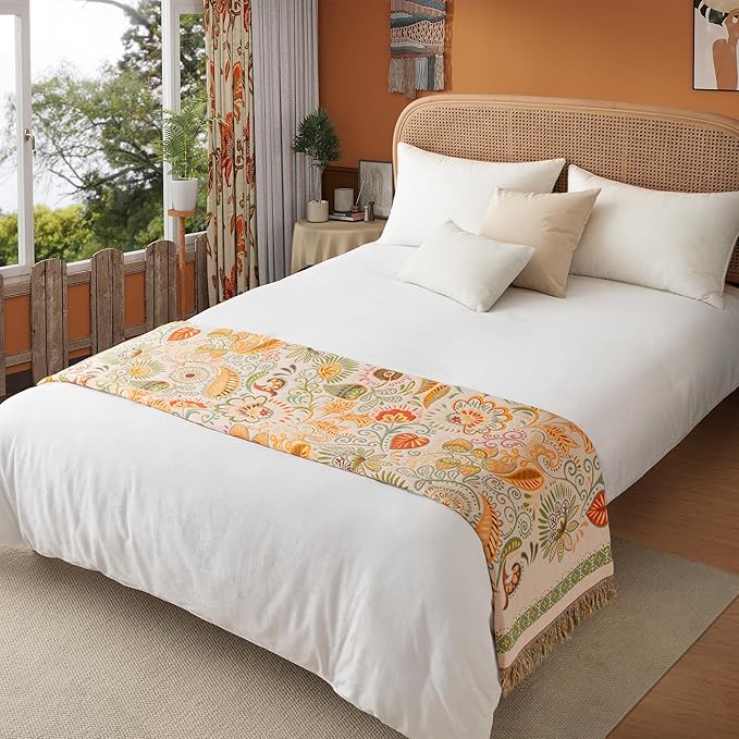 Boho Throw Blanket Twin Size, Soft Cozy Cotton Muslin Quilt Blanket for Bed Decor, Floral Patterned Couch Sofa Chair Cover, Vintage Farmhouse Cottage Tapestry Woven Blanket, Coral&Green