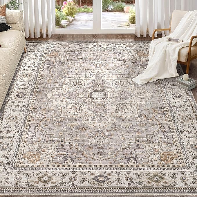 Washable Area Rugs for Living Room - 8x10 Neutral Vintage Distressed Floral Farmhouse Boho Large Soft Floor Rug Indoor Non Slip Carpet for Bedroom Dining Room Office - Grey Brown