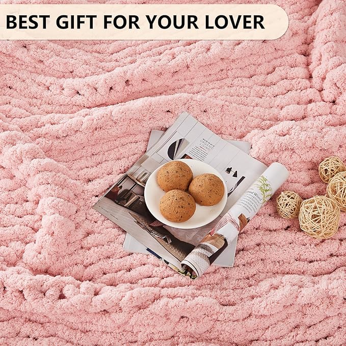 L'AGRATY Chunky Knit Blanket Throw: 72''x84'' Chenille Chunky Knitted Throw Blanket for Bed Couch - Handmade Thick Big Cable Knit Blanket - Large Chunky Crochet Rope Blanket for Home Decor(Pink)