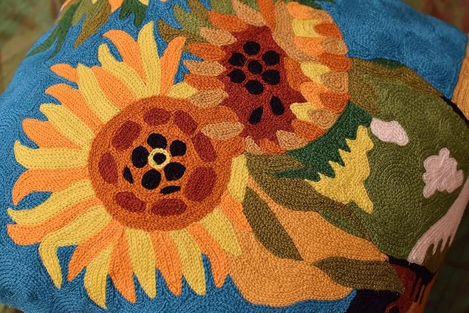 Turquoise Van Gogh Sunflower Pillow Cover Teal Floral Sofa Pillowcase Flower Chair Cushion Accent Throw Flowery Outdoor Pillows Farmhouse Couch Handmade Wool Size 18x18