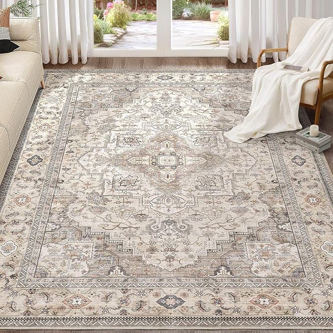 Washable Area Rugs for Living Room - 8x10 Neutral Vintage Distressed Floral Farmhouse Boho Large Soft Floor Rug Indoor Non Slip Carpet for Bedroom Dining Room Office - Brown/Multi