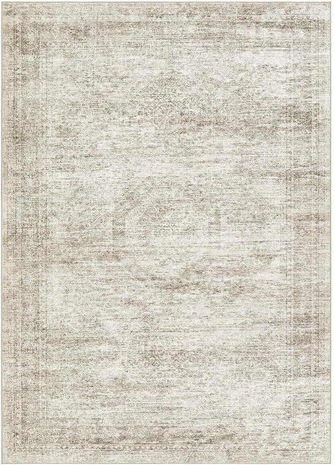 Washable Area Rugs for Living Room -10x14 Neutral Vintage Distressed Floral Farmhouse Boho Large Soft Floor Rug Indoor Non Slip Carpet for Living Room Bedroom Dining Room Office-Beige