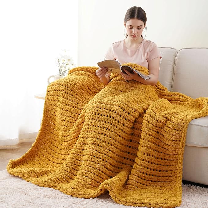 Battilo Chunky Knit Throw Blanket, Soft and Thick Chenille Throw Blanket, 50"x60" Handmade Cable Knit Crochet Blanket, Large Rope Knot Throw Blankets for Couch Sofa Bed Home Decor, Mustard