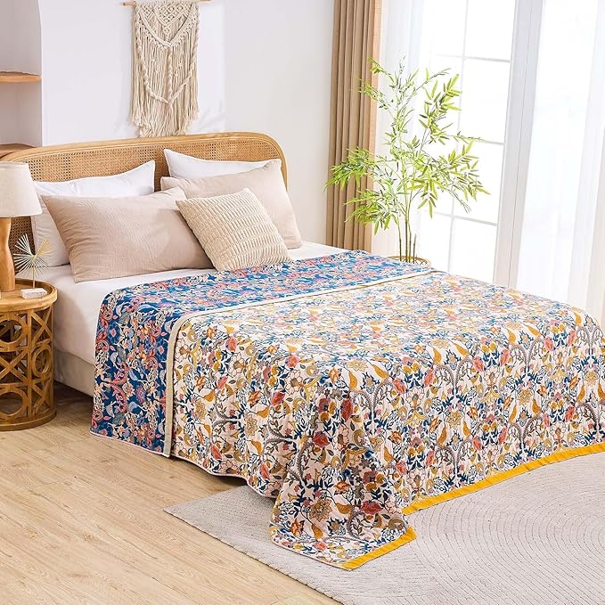 Boho Blanket Throw Quilt, 100% Cotton Soft Light Weight Throw Blankets for Summer, 60"x80" Farmhouse Flower Decorative Blankets, All Season Rustic Reversible Bohemian Throw Quilt