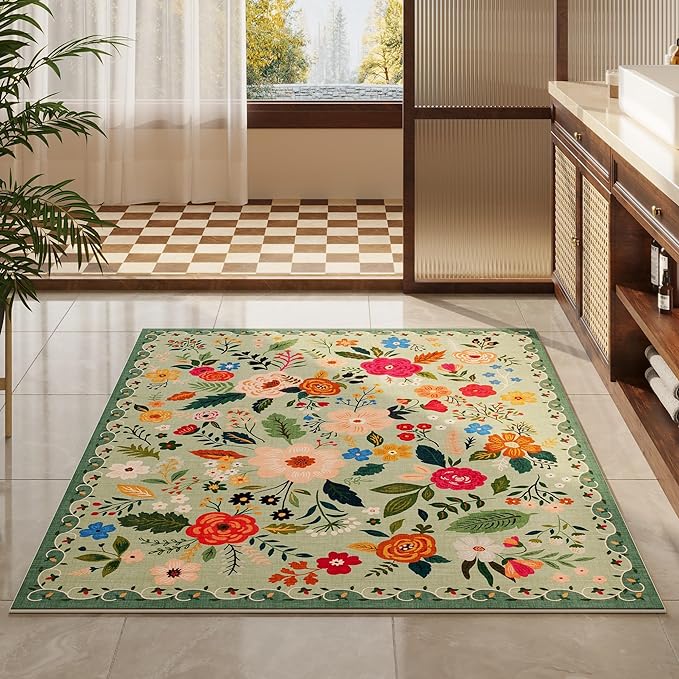 Bedroom Rug 3x5 Rug Washable Area Rug Non Slip Low Pile Boho Floral Small Carpet for Bedroom, Bedside, Kitchen, Entryway, Kids Room, Office, College Dorm Essentials for Girls(Green)