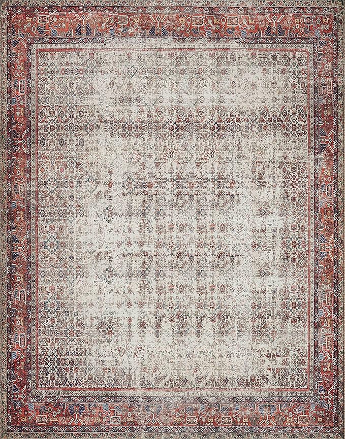 Loloi Layla Collection LAY-12 Ivory/Brick 9'-0" x 12'-0" .13" Thick Area Rug, Soft, Durable, Vintage Inspired, Distressed, Low Pile, Non-Shedding, Easy Clean, Printed, Living Room Rug
