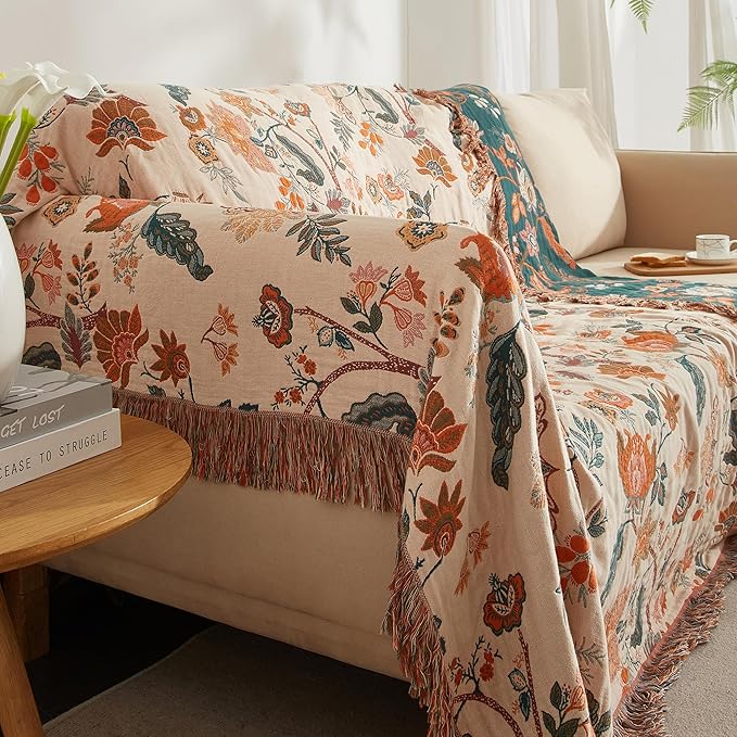Boho Throw Blanket for Bed 90”x98”, 100% Cotton Woven Blanket for Couch Sofa, Ultra Soft 4-Layer Muslin Quilt with Floral Printed, Farmhouse Bed Blanket/Cover for Living Room Decor