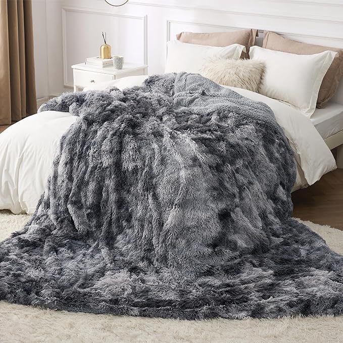 Bedsure GentleSoft Fluffy Sherpa Fleece Faux Fur Blankets Queen Size for Bed, Bedroom Decor Winter Thick Warm Full Queen Blankets, Fuzzy Plush Soft Heavy Mink Tie Dye Grey Bedding Cozy Gifts, 90x90