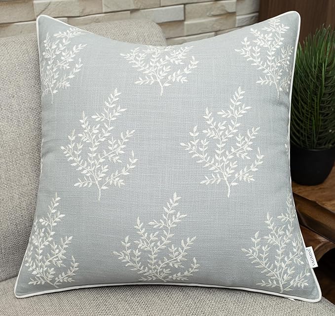 VAGMINE Embroidered Leaves Throw Pillow Cover - 20x20 Inches Square - 100% Cotton Robins Egg Cushion Cover - Textured Embroidery - Chic Coastal Home Accent for Sofa, Lounge, Farmhouse Decor