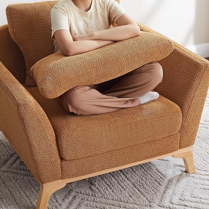 Large-Sized Accent Chair, Thick Cushion Bedroom Reading Chair, Comfortable Living Room Single Sofa, Boucle Curry