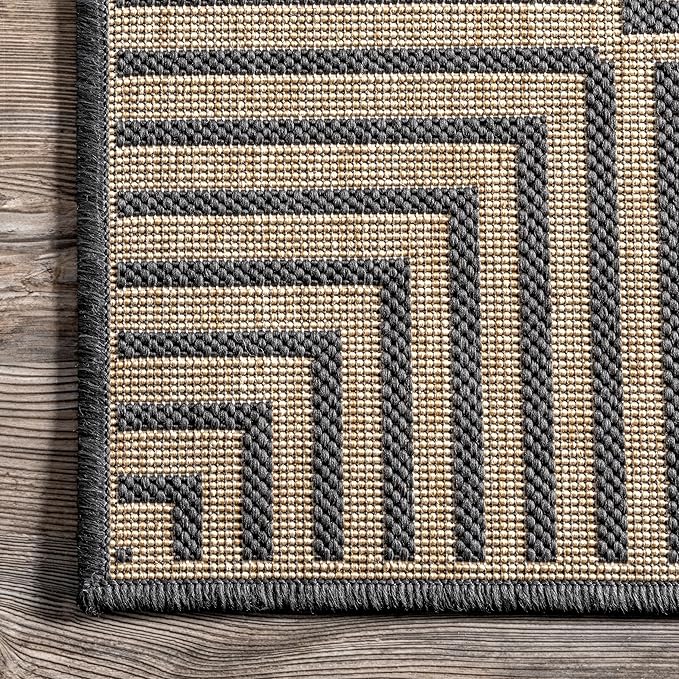 nuLOOM 8' x 10' Outdoor Area Rug, Casual Design With Striped Border, Stain Resistant, Highly Durable, For Patio, Balcony, Bedroom, Living Room, Dining Room, Bathroom, Dark Grey