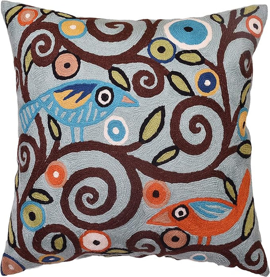 Tree of Life Birds Pillow Cover Teal Blue Floral Pillowcase Botanical Floral Outdoor Suzani Cushions Traditional Flower Cushion Hand Embroidered Cushions Wool Size - 18x18