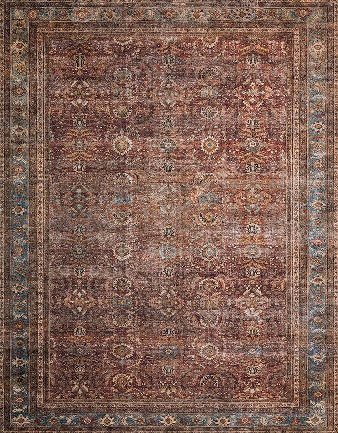 Loloi Layla Collection LAY-01 Brick/Blue 2'-0" x 5'-0" .13" Thick Accent Rug, Soft, Durable, Vintage Inspired, Distressed, Low Pile, Non-Shedding, Easy Clean, Printed, Living Room Rug
