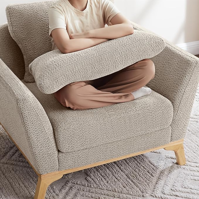 Large-Sized Accent Chair, Thick Cushion Bedroom Reading Chair, Comfortable Living Room Single Sofa, Boucle Camel