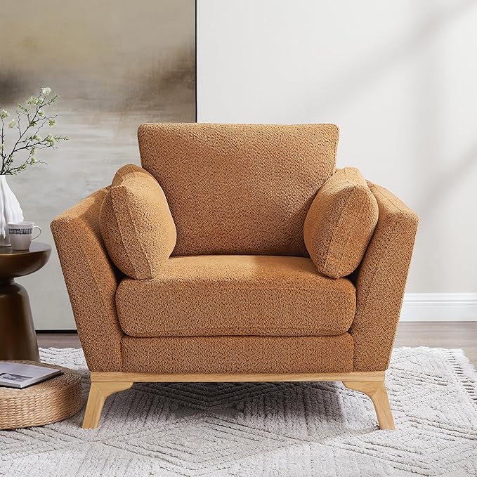 Large-Sized Accent Chair, Thick Cushion Bedroom Reading Chair, Comfortable Living Room Single Sofa, Boucle Curry