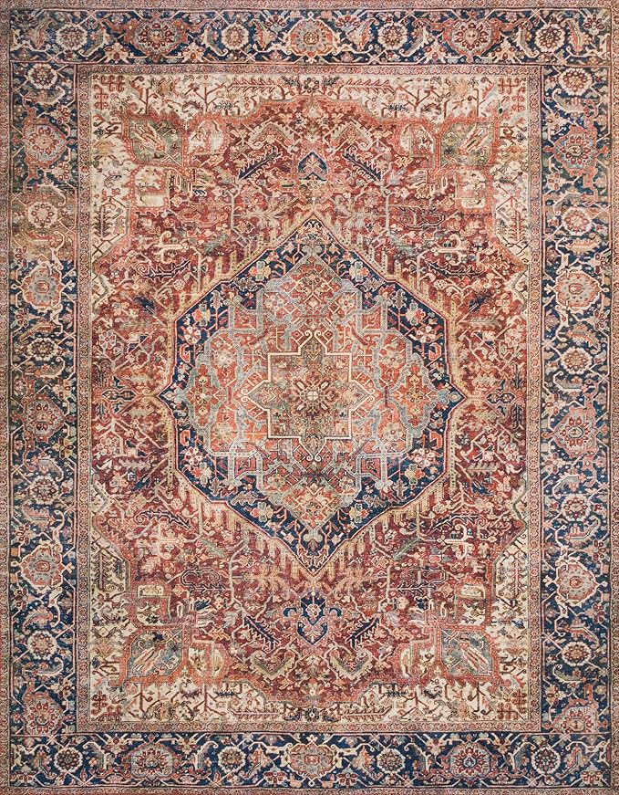 Loloi Layla Collection LAY-08 Red/Navy 2'-6" x 7'-6" .13" Thick Runner Rug, Soft, Durable, Vintage Inspired, Distressed, Low Pile, Non-Shedding, Easy Clean, Printed, Living Room Rug