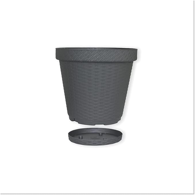 Elly Décor Set of 2 10 inch Round Saucer Modern Self Watering Planter Plates, Pots with Rattan-Like Finish, 10x10 Onix Gray