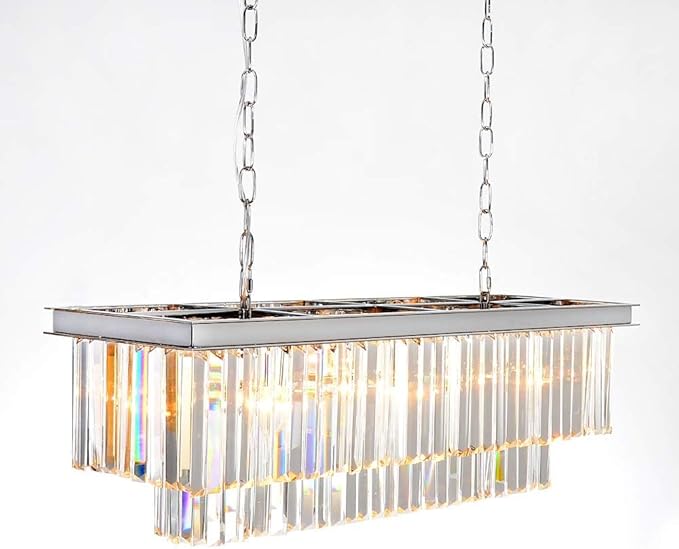 L39.4 Chrome Rectangle Modern Crystal Chandeliers Lighting Rectangular Pendant Ceiling Lights Fixture Lamp for Dining Living Room