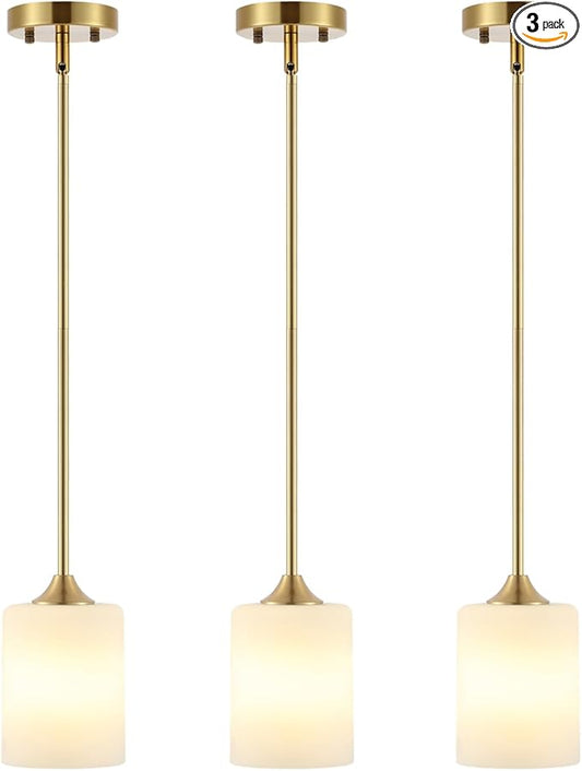 Modern Gold Pendant Light 3 Pack Brushed Brass Mid Century Chandelier White Cylinder Glass Shades Adjustable Rods Farmhouse Ceiling Hanging Lighting Fixture Kitchen Island Dining Room Bedroom