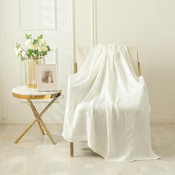 EMME Cotton Bed Blankets White Blankets for Bed Muslin Twin Blanket 60"x80" Lightweight Soft Twin Blanket All Season Gauze Blanket