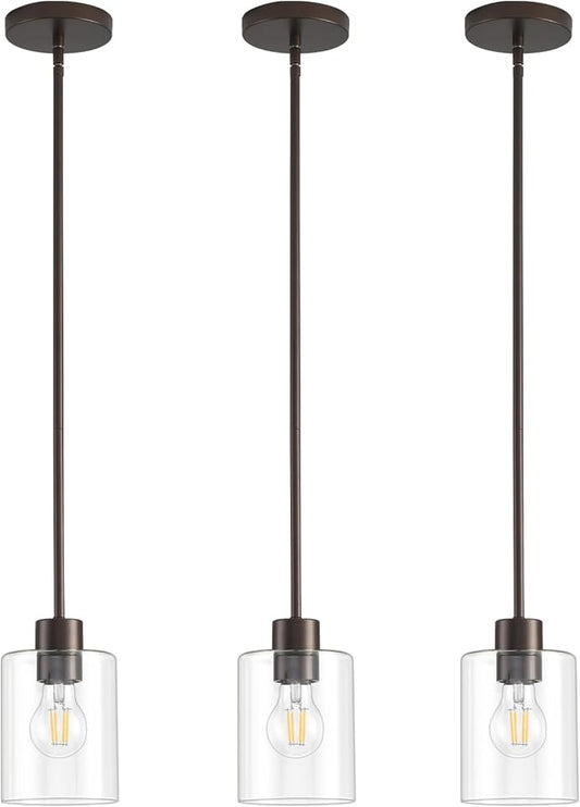 Oil Rubbed Bronze Pendant Lights Kitchen Island - Clear Glass Pendant Light Fixture Multiple Stems Rods 3 Units 12 Inch 3 Units 4 Inch (3 Pack Oil Rubbed Bronze Downrod)