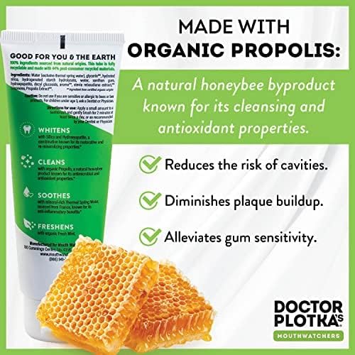 MOUTHWATCHERS Whitening Fluoride Free Naturally Sourced Toothpaste, 3 oz Tube, for Sensitive Teeth and Gums, Fresh Organic Mint and Propolis, by Dr. Plotka's