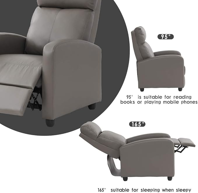 BestMassage | Recliner Chair | No Massage Function | Pu Grey | with Lumbar Support, Adjustable Push Back, Wide Armrests, Footrest & Padded Seat | Easy Assembly | for Living Room, Home Theatre