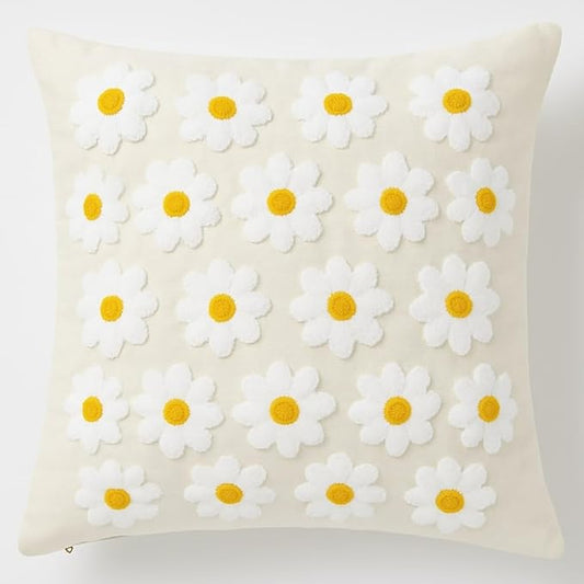 katre home madame & textile Throw Pillow Cover – Handcrafted Daisy Design on Natural Cotton – 18x18 inch – Decorative Punch Needle Cushion Cover – Boho Floral Accent Pillowcase