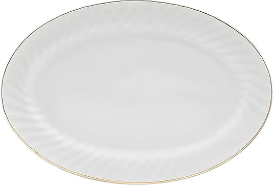Lynns Paradise Imperial Gold 14-Inch Oval Platter, Set of 2, White; Heavy Duty; Chip Resistant; Lead and Cadmium Free; Freezer to Oven Safe up to 500°F
