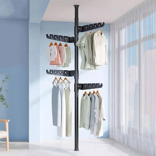 Telescopic Clothes Drying Rack, Floor to Ceiling, 4 Adjustable Arms, 360° Rotating, 43-122 inches, Black