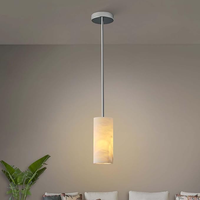 Alabaster Pendant Light Kitchen Island, H-9.5in Nickel Pendant Light Fixtures with Natural Marble Shade, Adjustable Ceiling Pendant for Dining Room, Living Room, Bedroom & Bathroom
