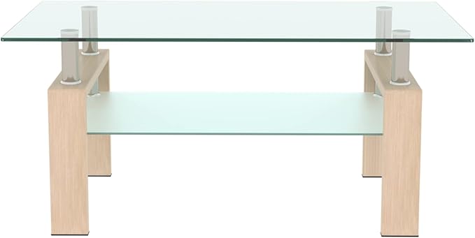 Glass Coffee Table Rectangle Living Room Center Table, 39inch Transparent Tempered Glass Tabletop and Beige Wood Grain Metal Legs, Beige + Clear Glass