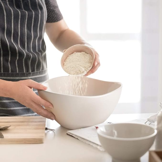DOWAN Large Mixing Bowls, Ceramic Serving Bowls, 3.2 Quart Deep Salad Bowls, 105 Oz White Fruit Bowls for Modern Home, Set of 2