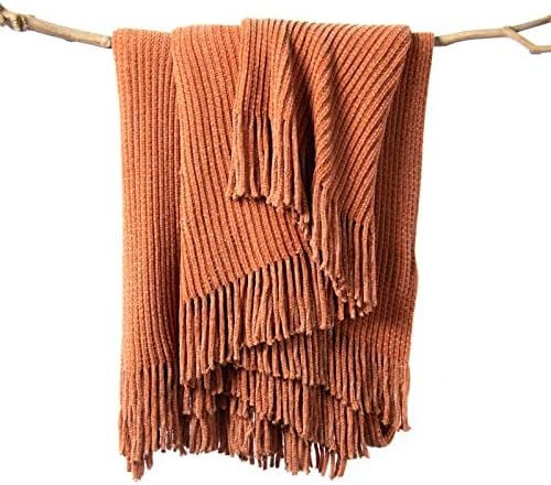 lifein Throw Blanket for Couch, Soft Boho Decor Bed Throw,Cozy Burnt Orange Chenille Knitted Small Farmhouse Lightweight Throw for Spring(Rust,60 * 80")