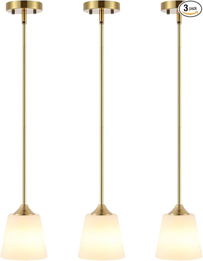 Modern Gold Pendant Light 3 Pack Brushed Brass Mid Century Chandelier White Cylinder Glass Shades Adjustable Rods Farmhouse Ceiling Hanging Lighting Fixture Kitchen Island Dining Room Bedroom