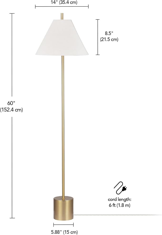 GLOBE Electric 61000060 60" Floor Lamp, Matte Brass Finish, Beige Linen Shade, Heavy Weighted Base, Rotary Switch on Shade, Modern Standing Light for Living Room, Home Office Accessories