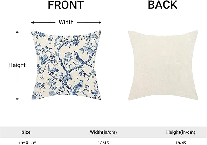 CXMEIFLY Spring Floral Pillow Covers 18 x 18 Inch Set of 2 for Navy Blue Chinoiserie Flowers Bird Decor Throw Pillows Vintage Plant Outdoor Decorative Cushion Cases for Couch Bed Decorations