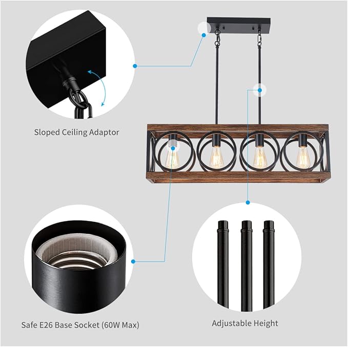 XINGQI Black Kitchen Island Light Fixtures, Farmhouse Dining Room Chandelier Rectangular Linear Chandeliers Pendant Ceiling Light Fixture for Bar Office Coffee Shop 4-Light Wood Grain