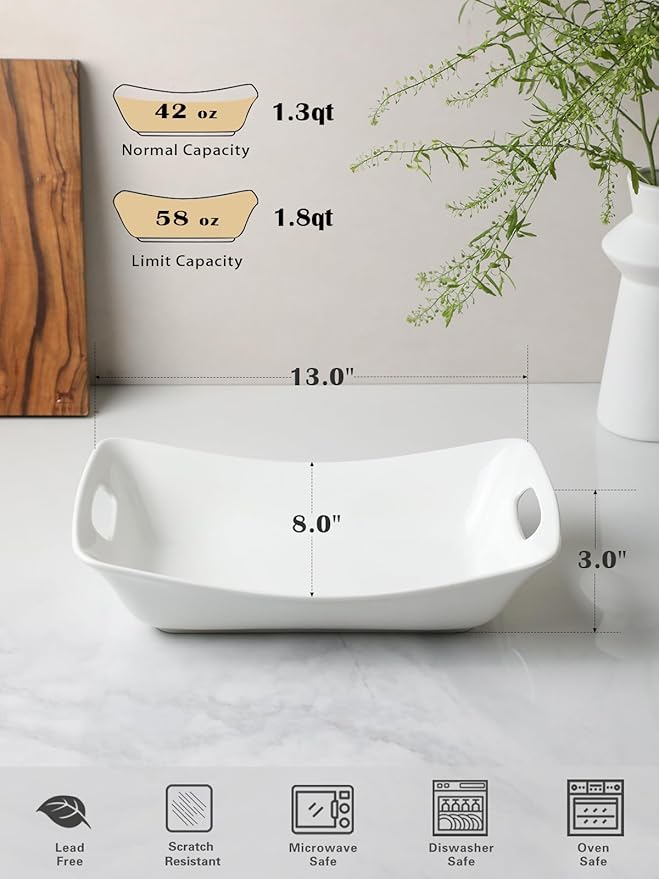 Kanwone Large Serving Bowls with Handles, White Serving Dishes For Entertaining, 1.8 Quarts Porcelain Bowl Set for Turkey, Fruit, Salad, Rectangle Serving Platter for Parites, Thanksgiving, Set of 2