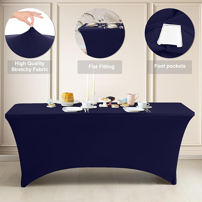 ABCCANOPY 2 Pack 6 FT Navy Spandex Table Cover Stretch Fitted Wrinkle Resistant Tablecloth Reuse for Rectangular Folding Table Patry Event Wedding Banquet Protector