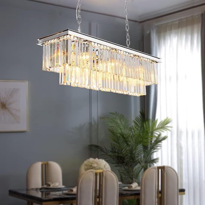 Luxury Chrome Rectangular Crystal Chandeliers Lighting Modern Pendant Ceiling Lights Rectangle Chandelier Lamp Fixture 8-Lights for Dining Room Kitchen Island
