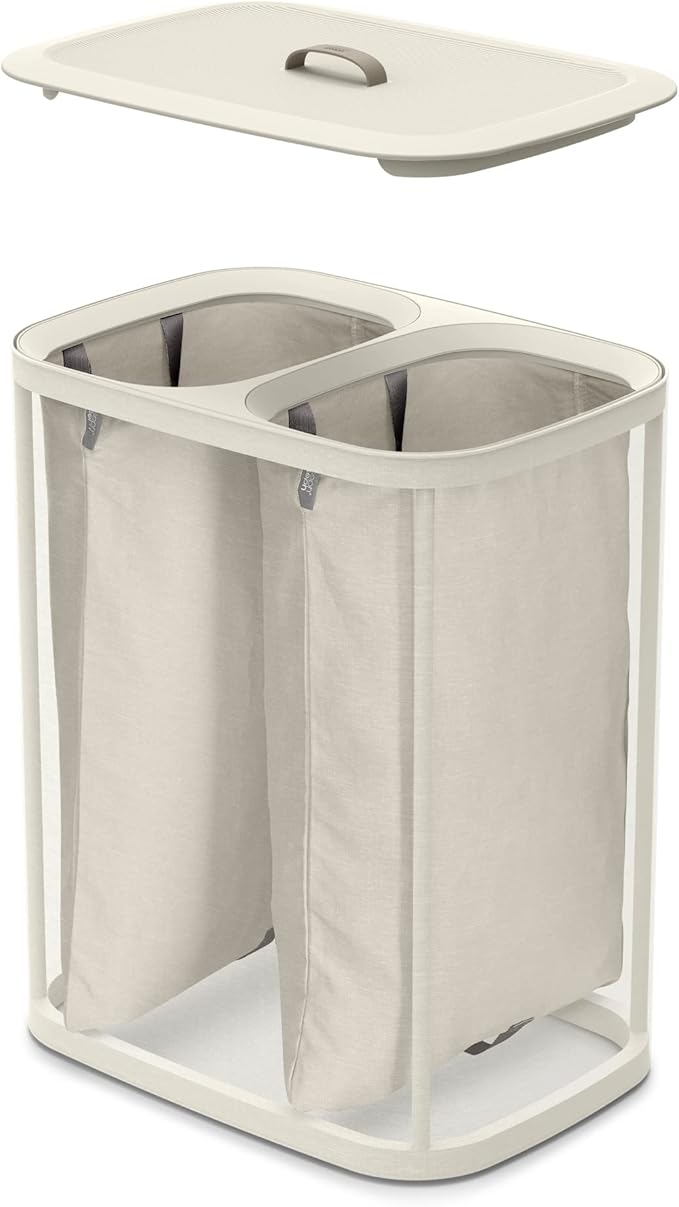 Joseph Joseph Tota 90 liter/23.8 gallon Laundry Hamper Separation Basket with lid, 2 Removable Washing Bags with Handles - Ecru