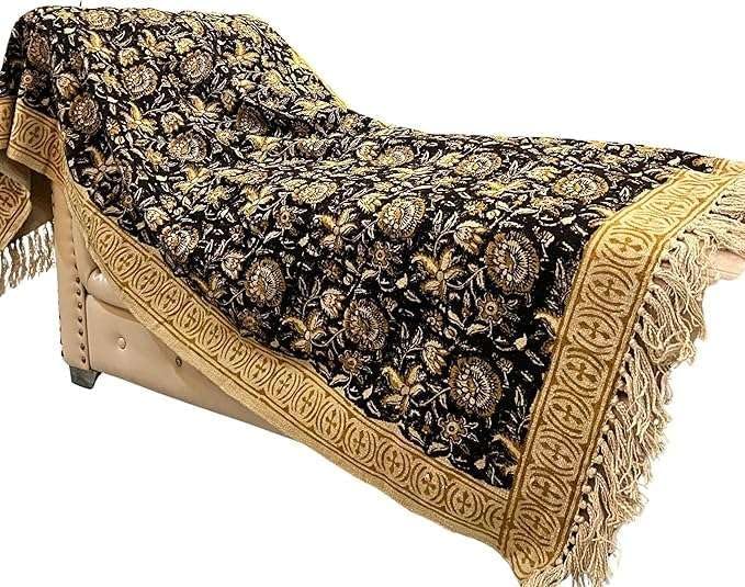 Bohemian Floral Cotton Throw Blanket with Tassels | 48x70 Inch Handblock Printed Sofa Throw | Black & Gold Decorative Bed Cover | Lightweight Couch Throw for Living Room & Bedroom