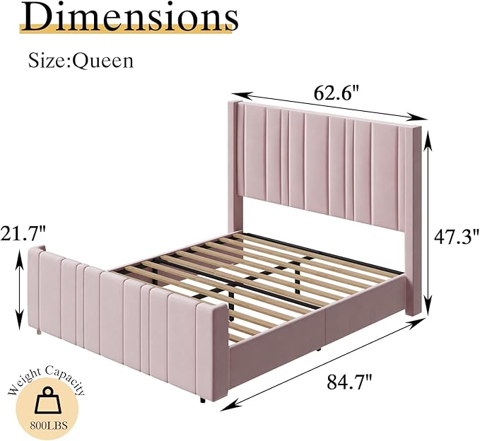 HOMBCK Queen Bed Frame Pink Upholstered Bed with Vertical Channel Tufted Headboard & 22" Footboard, Noise Free/Wooden Slats/Noise Free/No Box Spring Needed/Easy Assembly
